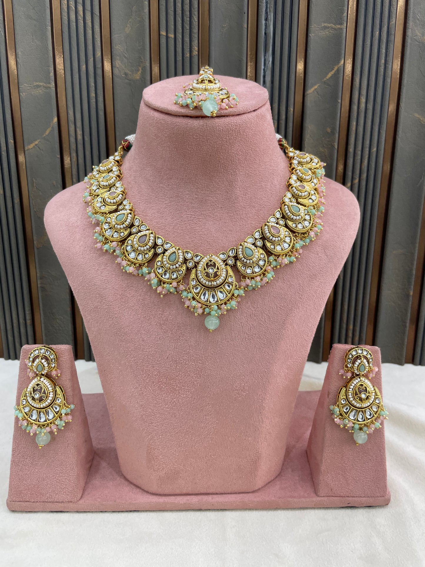 Gold Mint Pink Kundan necklace Set/ kundan Indian Ekan jewellery sets