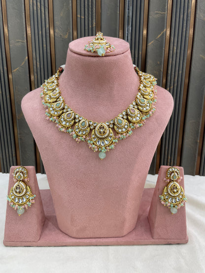 Gold Mint Pink Kundan necklace Set/ kundan Indian Ekan jewellery sets