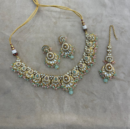 Gold Mint Pink Kundan necklace Set/ kundan Indian Ekan jewellery sets