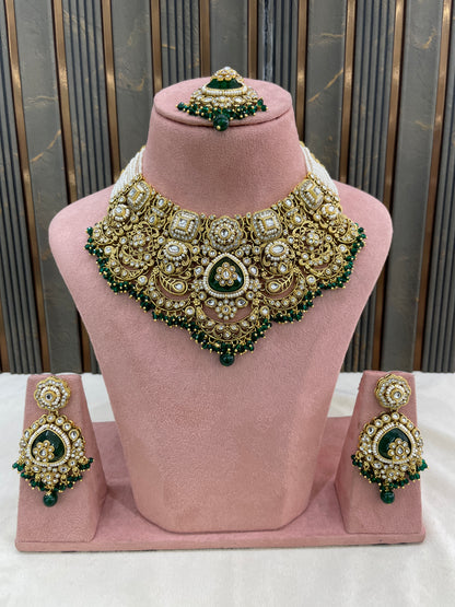 Gold Green Kundan necklace Set/ kundan Indian Harjot jewellery sets