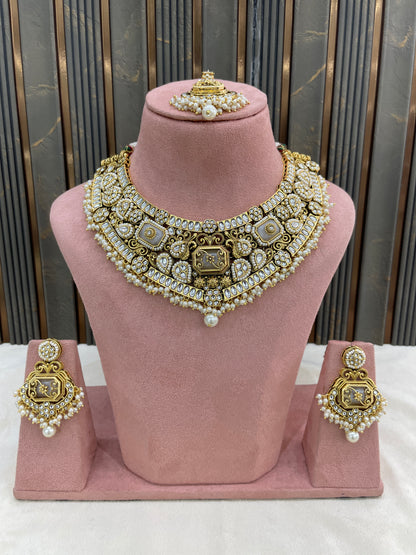 Gold White Kundan necklace Set/ kundan Indian Khusi jewellery sets