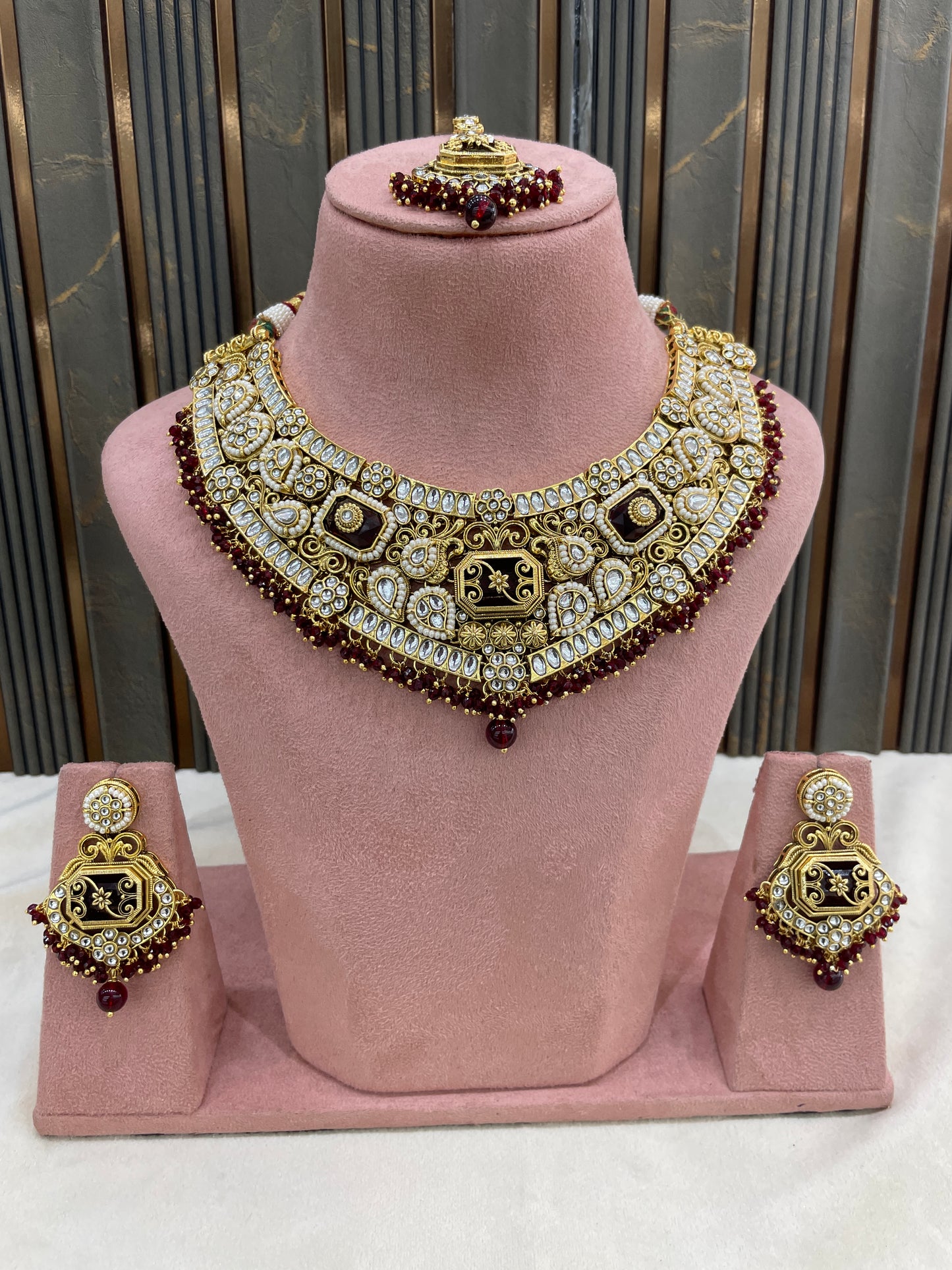 Gold Maroon Kundan necklace Set/ kundan Indian Khusi jewellery sets