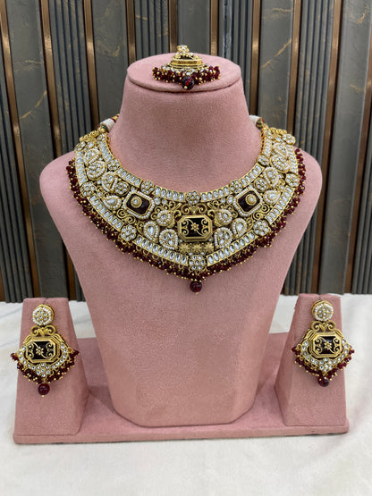 Gold Maroon Kundan necklace Set/ kundan Indian Khusi jewellery sets