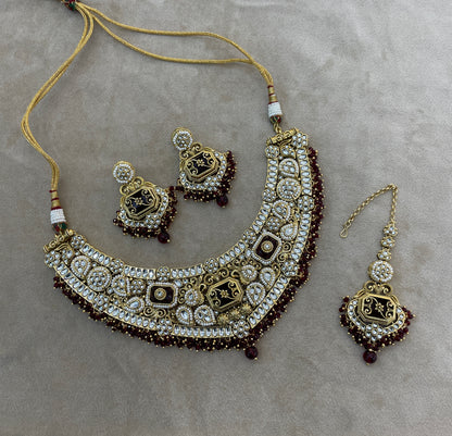 Gold Maroon Kundan necklace Set/ kundan Indian Khusi jewellery sets