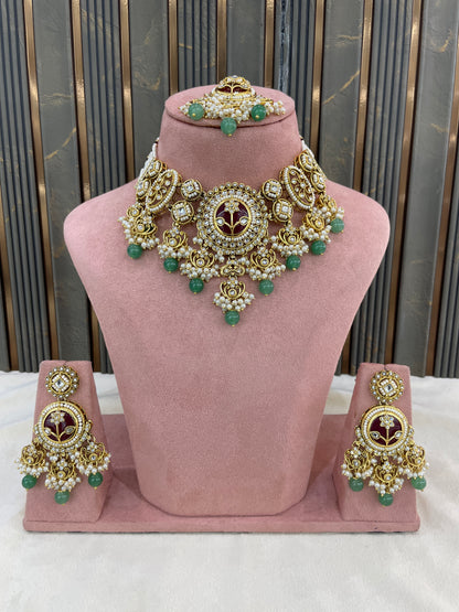 Gold Ruby Sage Green Kundan necklace Set/ kundan Indian Don jewellery sets