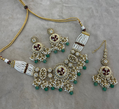 Gold Ruby Sage Green Kundan necklace Set/ kundan Indian Don jewellery sets