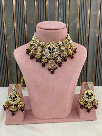 Gold Maroon Kundan necklace Set/ kundan Indian Don jewellery sets