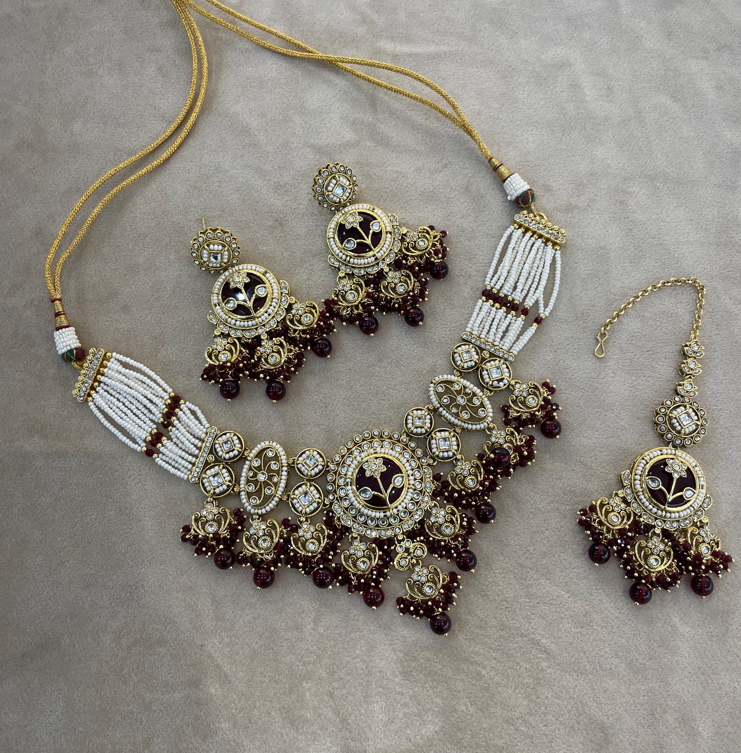 Gold Maroon Kundan necklace Set/ kundan Indian Don jewellery sets