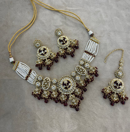 Gold Maroon Kundan necklace Set/ kundan Indian Don jewellery sets
