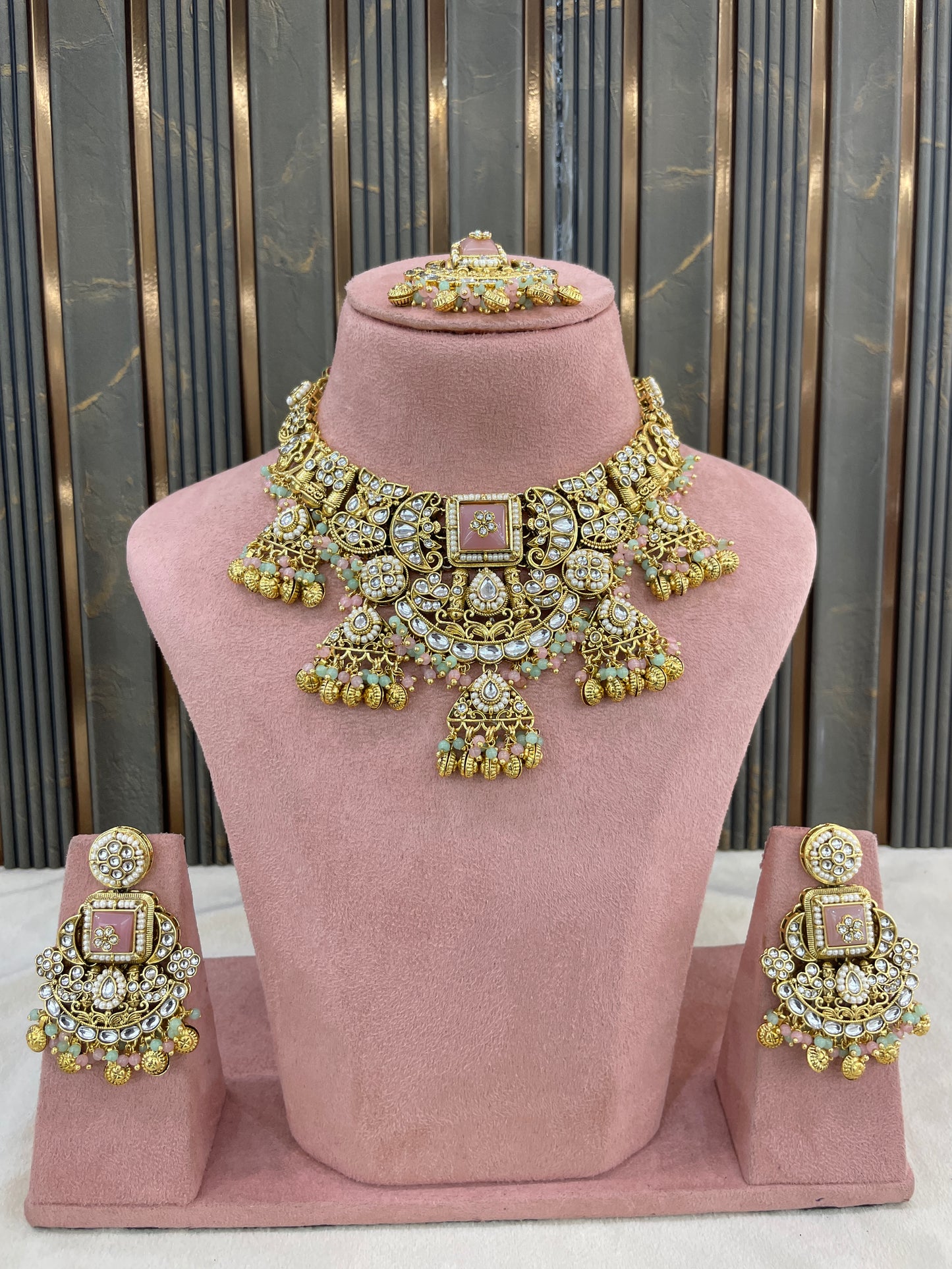 Gold Mint Pin Kundan necklace Set/ kundan Indian Don jewellery sets