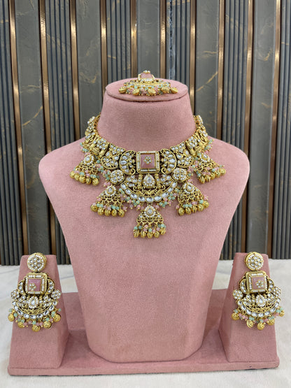 Gold Mint Pin Kundan necklace Set/ kundan Indian Don jewellery sets