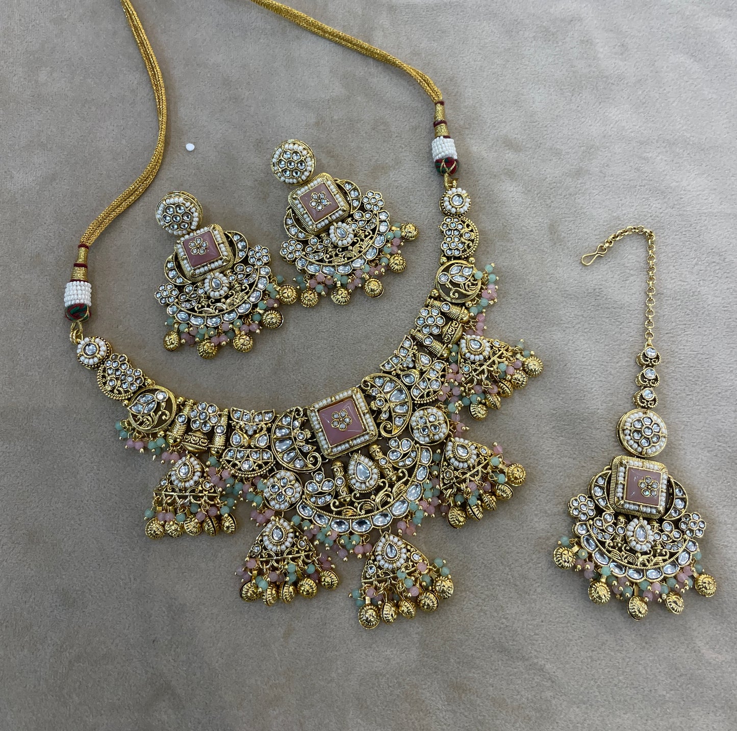 Gold Mint Pin Kundan necklace Set/ kundan Indian Don jewellery sets