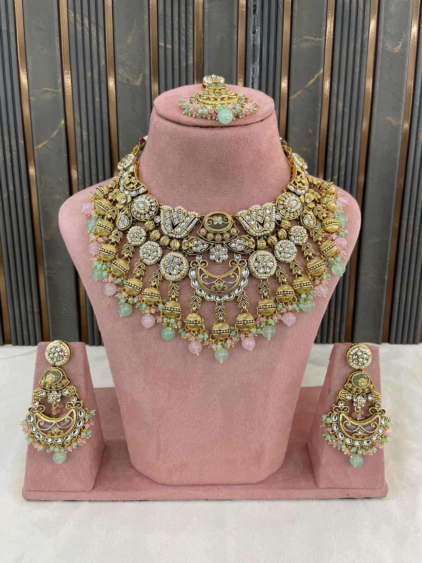 Gold Mint Pink Kundan necklace Set/ kundan Indian Navroop jewellery sets