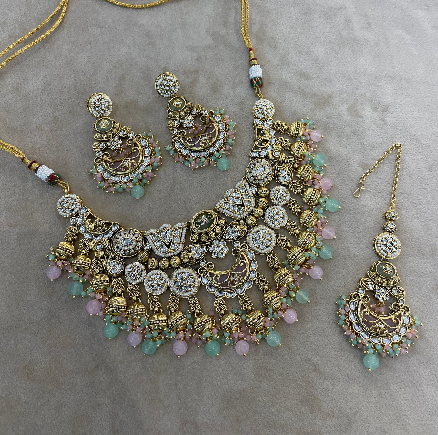 Gold Mint Pink Kundan necklace Set/ kundan Indian Navroop jewellery sets