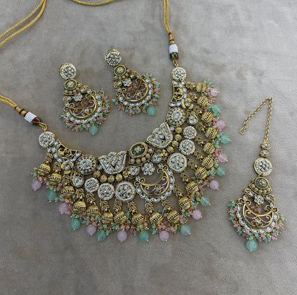 Gold Mint Pink Kundan necklace Set/ kundan Indian Navroop jewellery sets