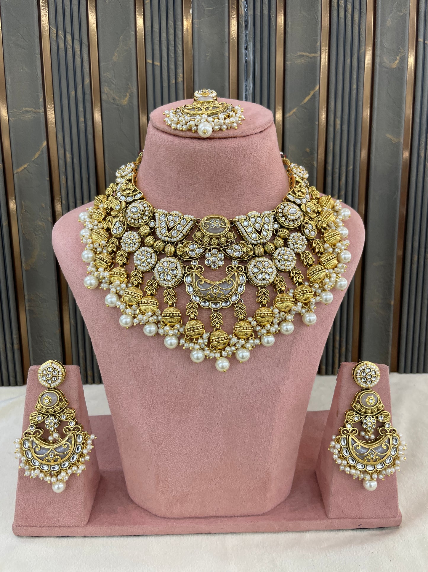 Gold White Kundan necklace Set/ kundan Indian Navroop jewellery sets