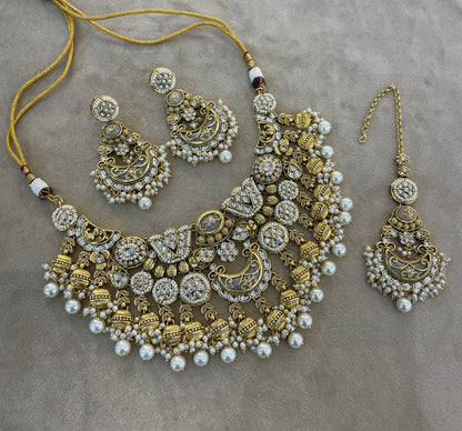 Gold White Kundan necklace Set/ kundan Indian Navroop jewellery sets