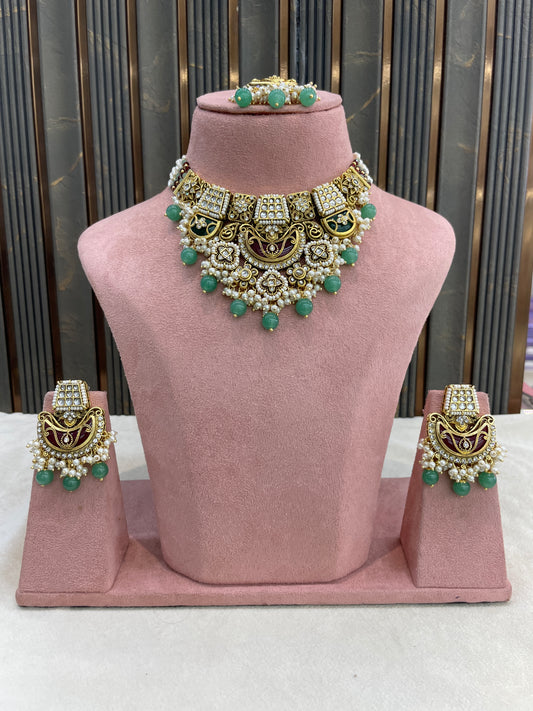 Ruby Sage Green Kundan necklace Set/ kundan Indian Dhrity jewellery sets
