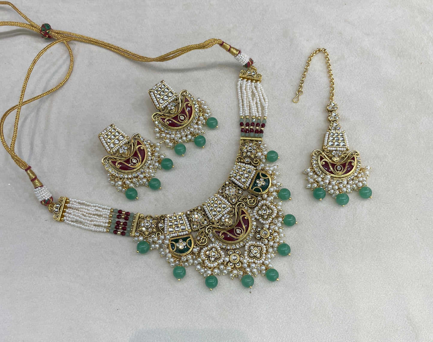 Ruby Sage Green Kundan necklace Set/ kundan Indian Dhrity jewellery sets