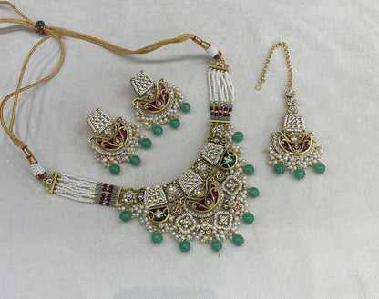 Ruby Sage Green Kundan necklace Set/ kundan Indian Dhrity jewellery sets