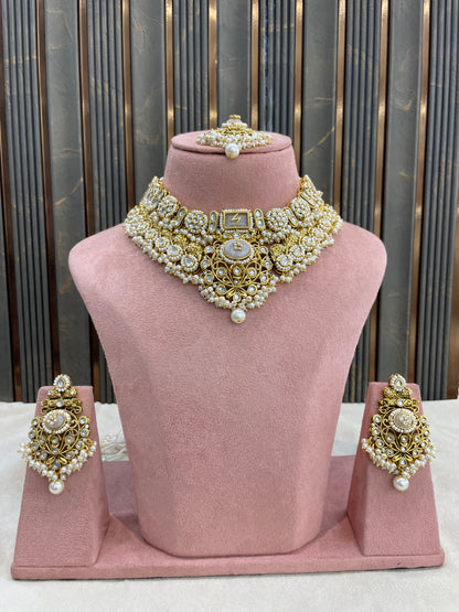 Gold White Kundan necklace Set/ kundan Indian Ruhani jewellery sets