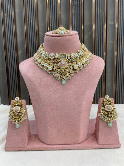 Mint Pink Kundan necklace Set/ kundan Indian Ruhani jewellery sets