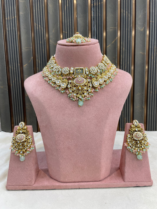 Mint Pink Kundan necklace Set/ kundan Indian Ruhani jewellery sets