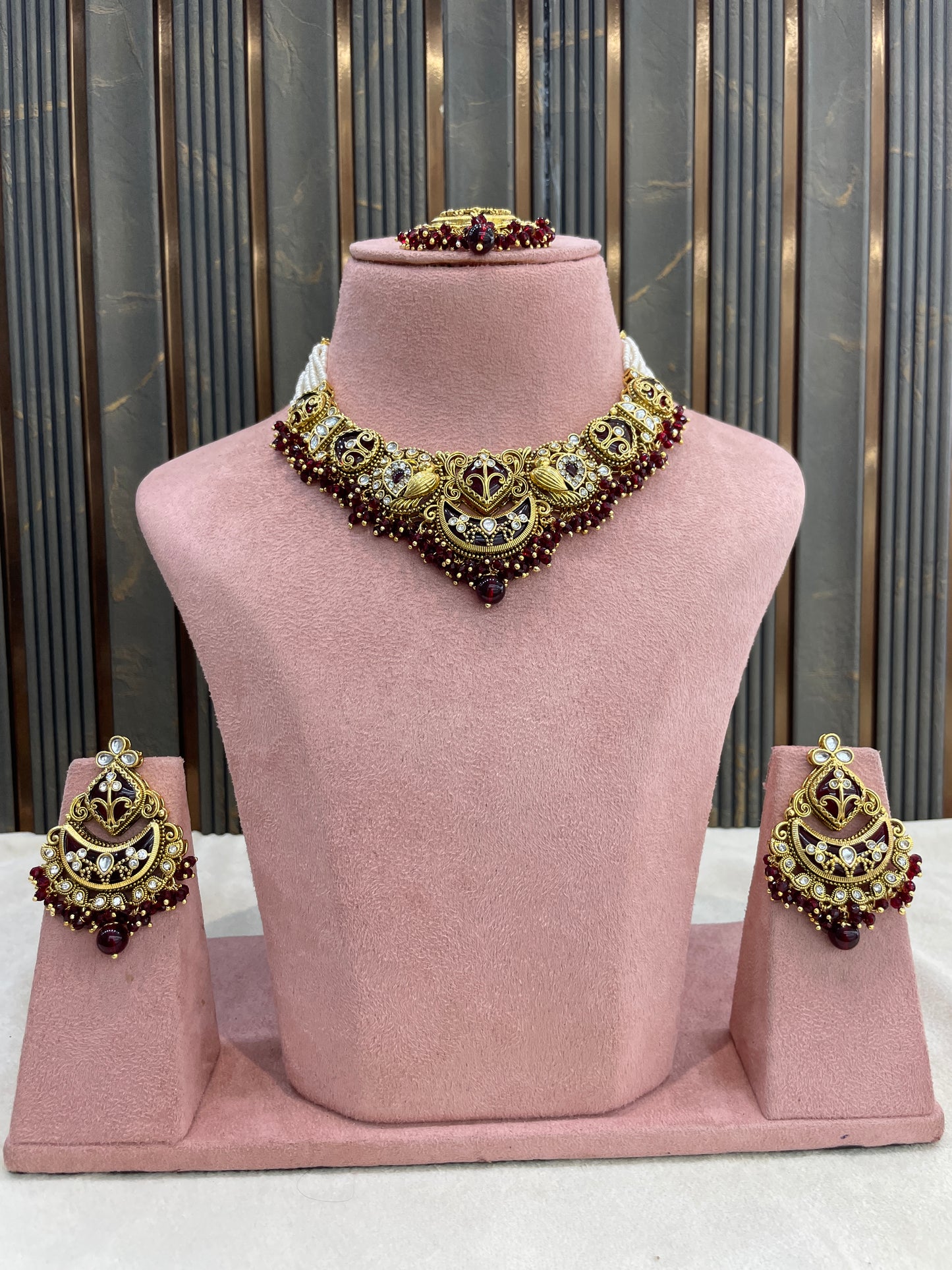 Gold Maroon Kundan necklace Set/ kundan Indian Navya jewellery sets