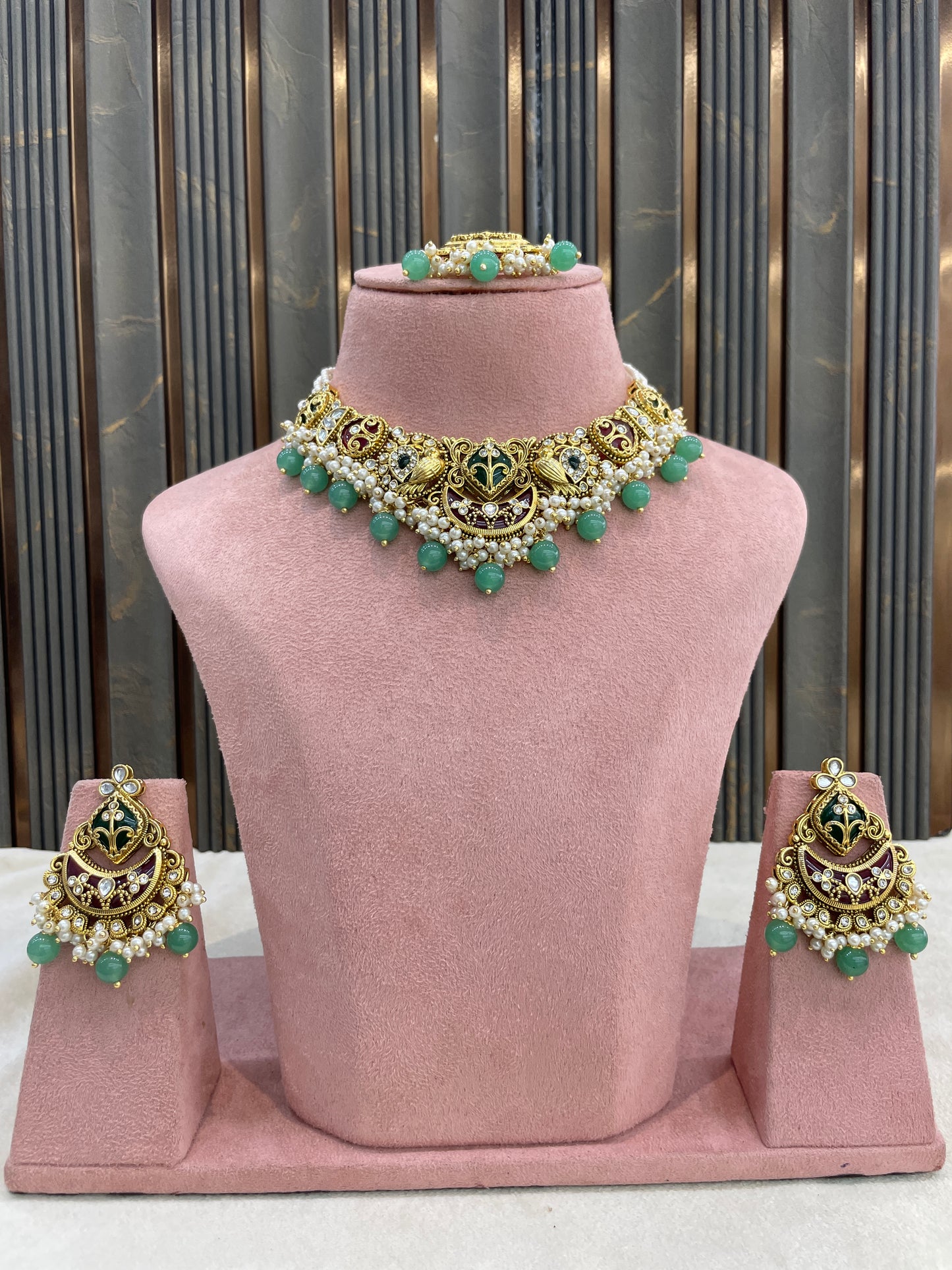 Ruby Sage Green Kundan necklace Set/ kundan Indian Navya jewellery sets