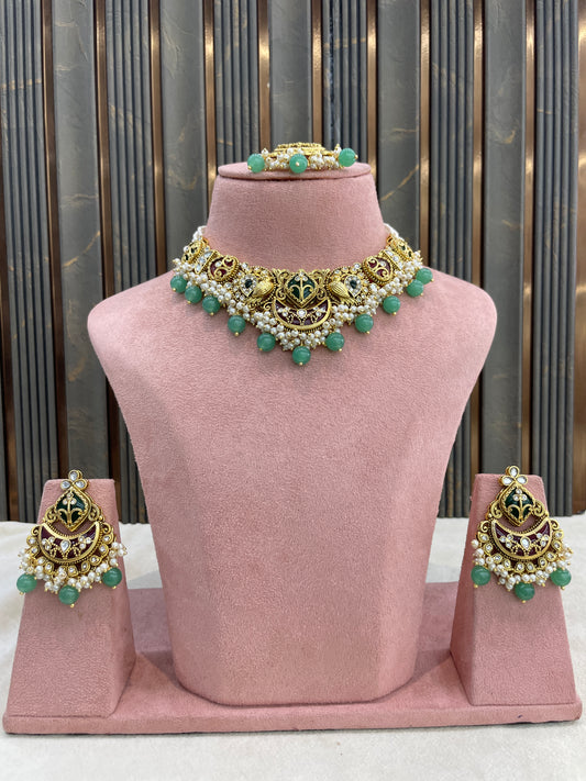 Ruby Sage Green Kundan necklace Set/ kundan Indian Navya jewellery sets
