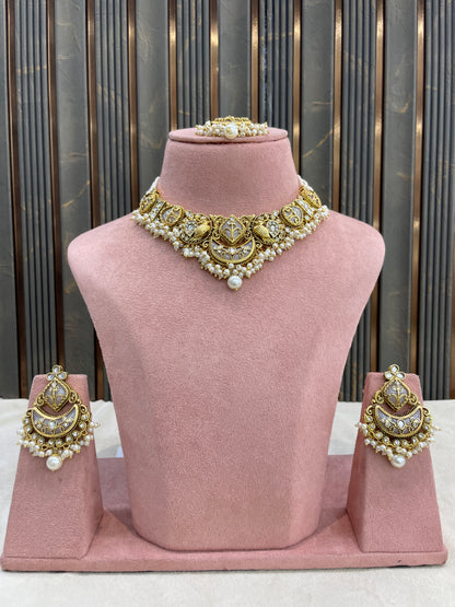 Gold White Kundan necklace Set/ kundan Indian Navya jewellery sets