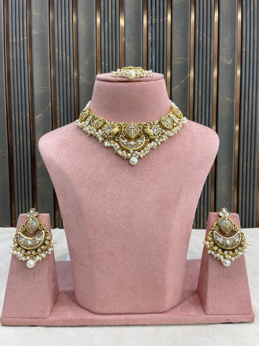 Gold White Kundan necklace Set/ kundan Indian Navya jewellery sets