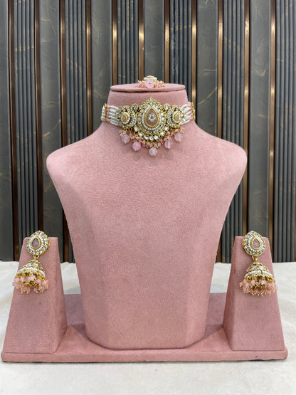 Gold Pink Kundan Choker Set/ kundan Indian Vamika jewellery sets