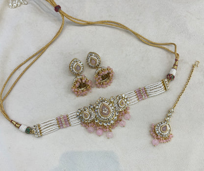 Gold Pink Kundan Choker Set/ kundan Indian Vamika jewellery sets