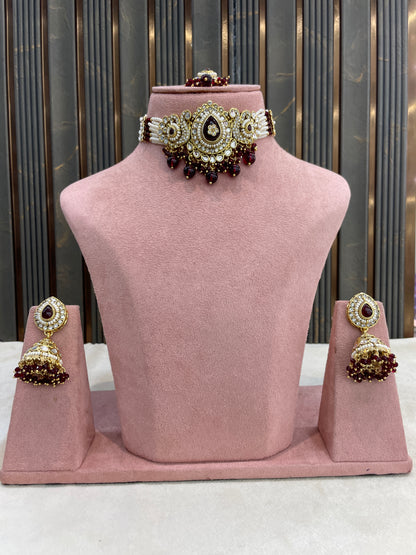 Maroon Kundan Choker Set/ kundan Indian Vamika jewellery sets